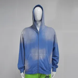 OEM hoodie wash Sun Fade 100% cotton vintage street style men's oversized size blue acid wash zip up hoodie