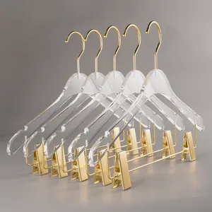 Hangers For Clothes Transparent 2021 Custom Logo Transparent Acrylic Hanger With Gold Clips For Clothes And Pants Wholesale