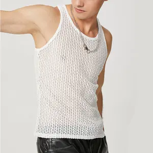 Oem Summer Blank Häkel hemden Herren Streetwear Logo 100% Baumwolle Atmungsaktive Herren Gestrickt Button Up Lace Ärmelloses T-Shirt