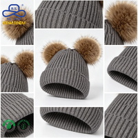 BAE SHIOW Custom Bear Ear Knitted Beanie Dual Faux Fur Pom Poms Winter Cute Warm Hat Women Kids OEM Wholesale