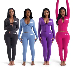 Custom Tracksuits Workout Sets For Women Long Sleeves Thumb Hole Zip Up Jacket Leggings 2 Piece Women's Seamless Yoga Sets
