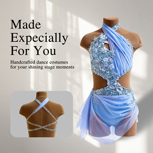 Vestido Lírico Azul Claro Personalizado con Cuello Halter y Pedrería Floral para Danza Escénica, Traje de Ballet Contemporáneo para Niñas - Product Image 1