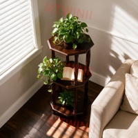 Support à plantes octogonal rustique à 3 niveaux avec pieds tournés, étagère de présentation en bois massif pour pots, table d'appoint compacte pour chambre et bureau