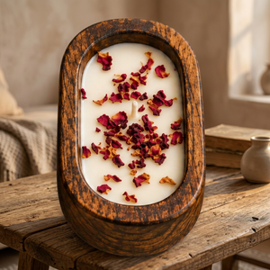 Small Wooden Soy Wax Handmade Eco-Friendly Organic Art <b>Candle</b> 7x5 Inch Modern Decor Dried Rose Petals 40 Hours - Product Image 2