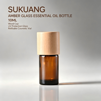 Bouteilles en verre ambré avec couvercle en bois de peuplier pour huile essentielle et sérum facial 5 ml 10 ml