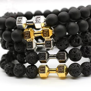 Bracelet haltère en pierre volcanique noir mat, bijou naturel de fitness pour femmes et hommes, idéal pour les cadeaux de Noël - Product Image 1