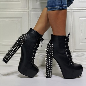 Autumn Spike Rivets Ornament Round Toe Platform Front Lace up Daily Women Ankle <b>Boots</b> High Chunky Heel Big Size 47 - Product Image 3