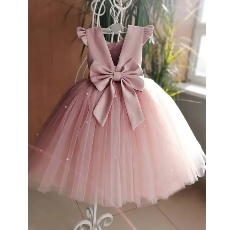 Kids wear Oversized satin bow with deep V pearl fly sleeves backless children tulle dress pink blue baby girl wedding dress