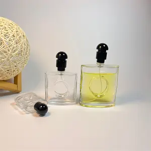 Venta al por mayor 20ml 50ml 80ml Botellas de Perfume de Vidrio Bayoneta Plana Diseño de Círculo Cuadrado Tapa Negra Bomba de Serigrafía Pulverizador de Sellado