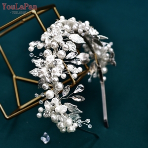 Corona de Perlas YouLaPan para <span class=keywords><strong>Mujer</strong></span>, Accesorios para el Cabello de Novia, Diadema Ancha de Lujo para Boda, Joyería para el Cabello con Hojas de Aleación - Product Image 3