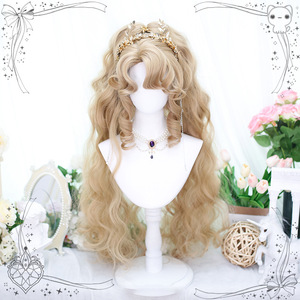 Perruque Lolita longue bouclée rose doré avec frange, double queue de cheval, en fibre synthétique Kanekalon, style ligne de cheveux naturelle - Product Image 3