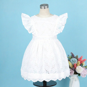 <b>Plain</b> <b>White</b> Belted 3D Embroidery 100% Cotton Eco-Friendly Luxury Winter Smock <b>Dress</b> for Kids OEM ODM Children Age Group BB3224 - Product Image 1