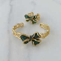 Ensemble de bijoux multicolores en CZ avec nœud, 2 pièces, bracelet et bague, bracelet manchette ajouré plaqué or, bijoux de mariée, fournisseur B2B