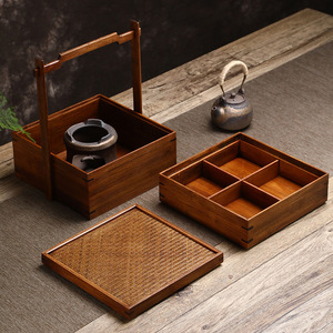Bamboo double-layer pastry <b>box</b>, lacquered tea <b>box</b>, outdoor portable multi-layer food <b>box</b>, tea ceremony accessory storage. - Product Image 2