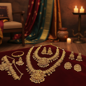 High Quality Traditional Tempal Laxmi Indian Temple Style Ethnic Bridal Wedding Jewelry <b>Set</b> Zircon Alloy <b>Gold</b> Plated Flower - Product Image 3