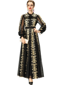Abito formale retrò con scollo <span class=keywords><strong>a</strong></span> V, ricamato, <span class=keywords><strong>a</strong></span> maniche lunghe e larghe, lunghezza maxi, abbigliamento femminile in stile europeo. - Product Image 5