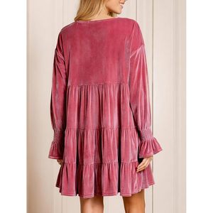 Robe tunique en velours pour femme, col en V, manches longues bouffantes, volants superposés, coupe trapèze, longueur thé, robe de soirée - Product Image 3