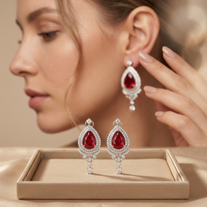 Bridal Dainty Heart Pear Shape Ruby <b>Stud</b> <b>Earrings</b> Set Silver Tone Vintage Wedding Party Birthstone Gift for Women - Product Image 3
