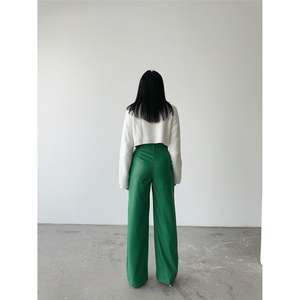 Pantalon palazzo en cuir taille haute pour femme, jambe droite, vert, taille élastique, respirant, long, disponible en tailles XS-XL, élastique coloré - Product Image 1