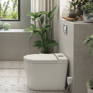 WC intelligent moderne en céramique <span class=keywords><strong>à</strong></span> poser au sol, design é<span class=keywords><strong>l</strong></span>égant, té<span class=keywords><strong>l</strong></span>écommande, siège chauffant, cuvette allongée, évacuation en P - Product Image 2