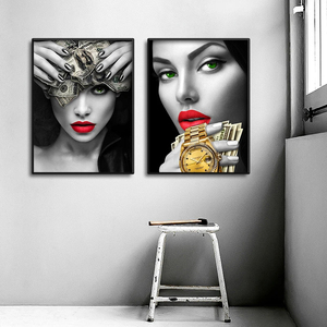 Décor à la maison lèvres rouges fumer <span class=keywords><strong>femme</strong></span> montre dorée brûlant Dollars argent Cigarette riche fille mur Art Mural suspendu peinture à l'huile - Product Image 4