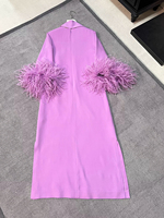Robe longue en soie de mûrier exquise pour femme, col montant, manches 3/4, garniture en plumes, style élégant et intellectuel