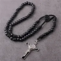 Collier de prière pour hommes, classique, noir mat, perles en plastique, cordon tissé Crucifix, pendentif religieux, chapelet pour prière, 10mm