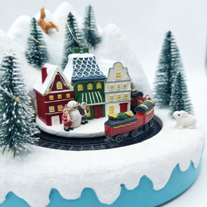 ฉากหมู่บ้านคริสต์มาสบนภูเขาพร้อมรถไฟเคลื่อนที่ ไฟ LED และเสียงเพลง ของตกแต่งวันหยุดทำจากเรซิ่น - Product Image 3