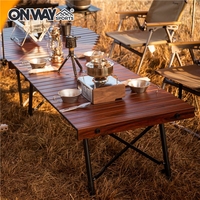 OnwaySports Table de camping en aluminium avec cadre en bois pour rouleau d'oeufs, grande taille, pique-nique, rangement pliable et portable