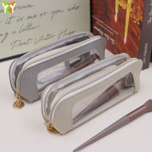 Durable <b>PVC</b> & PU <b>Trim</b> Pencil Pouch - Transparent Desk Storage Case,Zippered <b>PVC</b> Stationery Holder for Students & Office Workers - Product Image 3