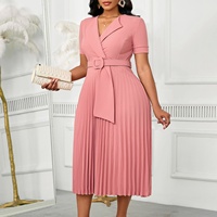 Nouvelle Robe Plissée Tendance pour Femme Col Revers Manches Mi-Longues Ceinturée Robe Trapèze Printemps Été Robe Habillée Formelle Taille Haute pour Dame de Bureau