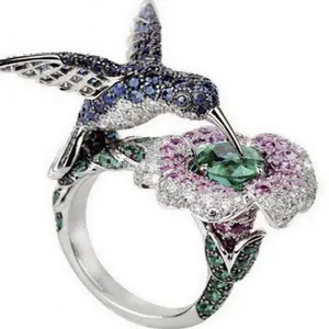 Luxury Female Crystal Rings Charm Silver Color Vintage Flower Bird Engagement Rings For Women