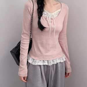 T-shirt en tricot à manches longues pour femme, style patchwork en dentelle à blocs de couleur, faux deux pièces, doux, décontracté, tendance, polyvalent - Product Image 5