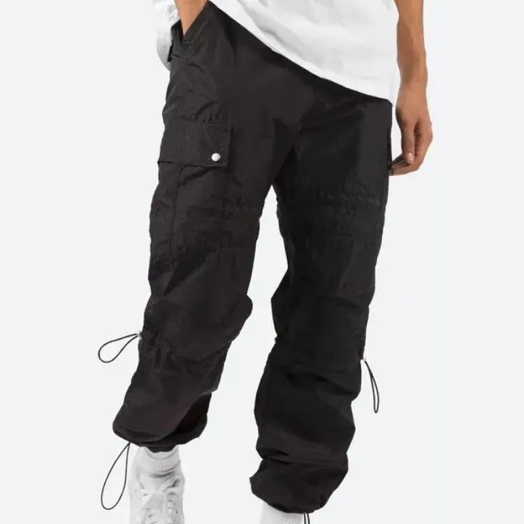 Wholesale nylon pants street wear black mens cargo pants with side pockets drawstring cargo pants