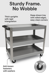 3-Tier thép không gỉ công cụ giỏ hàng có thể khóa bánh có thể gập lại dịch vụ tiện ích xe đẩy cho nhà để xe cửa hàng Kho OEM tùy chỉnh - Product Image 5