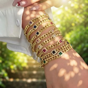 Bracelet plaqué or 18 carats avec halo de pierres CZ colorées rectangulaires, serti micro-pavé, maillons <span class=keywords><strong>gourmette</strong></span> épais, ensemble de bracelets - Product Image 5