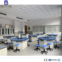 Muebles de laboratorio de acero SEFA8M al por mayor, mesa de laboratorio hexagonal escolar con grifo de agua de 6 vías, fregadero y panel de alimentación