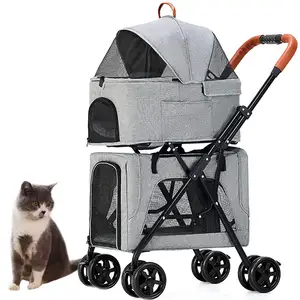 Carrinho de carro portátil duplo para animais, carrinho de viagem dobrável para cães pequenos, médios e grandes, 4 rodas