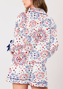 Independence Day Fourth of July <strong>Patriotic</strong> Firework Print Bow TIe Long Sleeve Shirt <strong>Shorts</strong> Two Piece Pajama Set Women - Product Image 6