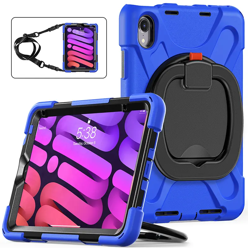 Para iPad Mini 6 2021 Grosso Silicone à prova de choque Heavy Duty Rugged Rotating Kickstand Alça de Ombro Kids Tablet Case Cover