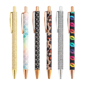 JH Stock Small MOQ Colorful Leather Cover Glitter Ball Pen Fashion Metal Glitter Pen