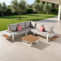 Canapé d'extérieur modulaire en forme de L, structure en aluminium et ensemble de meubles de patio en bois composite avec table basse