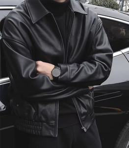 Veste décontractée pour <span class=keywords><strong>homme</strong></span> en cuir PU noir style européen, coupe ajustée, col rabattu, fermeture éclair, <span class=keywords><strong>marque</strong></span> américaine tendance, vêtement <span class=keywords><strong>de</strong></span> travail - Product Image 1