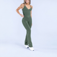 Ensemble de vêtements de sport respirants pour femmes avec logo personnalisé, soutien-gorge de sport sans couture dos nu, leggings évasés, ensemble de yoga fitness 2 pièces, court