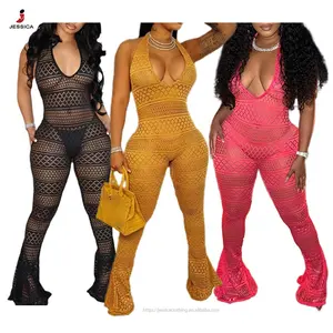 C2338-baju jumpsuit Wanita 1 potong, jumpsuit halter hollow out seksi musim panas untuk wanita