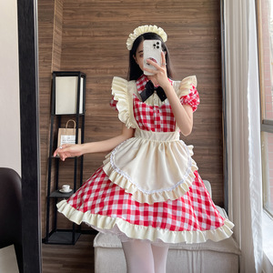 Lolita Maid Outfit Red Checkered Plus Size Cosplay Costume Summer 2022 Polyester Fiber Dress Anime Role Play - Product Image 3