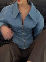 Nouvelle veste courte en jean imperméable pour femme, style rétro de Hong Kong, avec boutons, coupe ample et revers, 100 % polyester