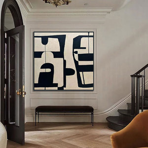 Dipinto a Olio su Tela Astratto Geometrico Moderno Originale di Tendenza <span class=keywords><strong>Nero</strong></span> <span class=keywords><strong>e</strong></span> <span class=keywords><strong>Grigio</strong></span> per Decorazione Murale di Hotel <span class=keywords><strong>e</strong></span> Casa - Product Image 4