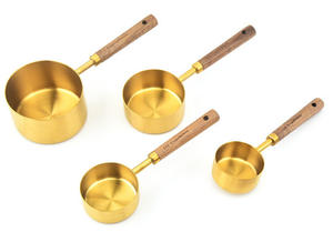 Juego <span class=keywords><strong>de</strong></span> tazas y cucharas medidoras <span class=keywords><strong>de</strong></span> cobre y acero inoxidable para cocina, cucharas con mango <span class=keywords><strong>de</strong></span> madera - Product Image 3