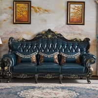 Sofá Combinado de Cuero Estilo Europeo, Sofá de Madera Maciza de Ébano, Sofá de Lujo Retro para Villa, Sofá de Alta Gama para Sala de Estar, Juego de Muebles
